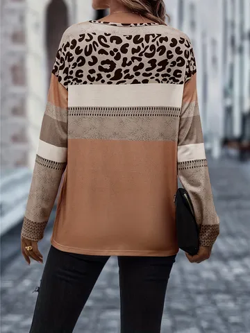 Top da Donna Taglie Forti con Stampa Leopardata e Blocchi di Colore Girocollo Manica Lunga in Seta di Latte Casuale Cammello