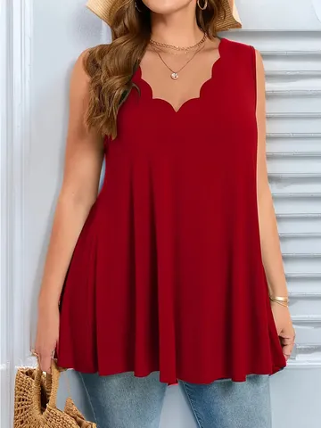 Canotta Donna Taglie Forti Scollo a V Festonato Senza Maniche Tinta Unita Estate Casual Poliestere Blusa Top