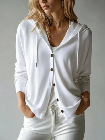 Cardigan Casual Da Donna Con Cappuccio Manica Lunga Bottoni Anteriori Top In Maglia Sottile Tinta Unita Felpa Con Coulisse Maglieria