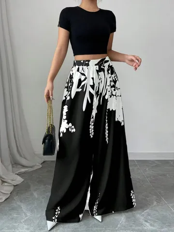 Pantaloni Donna Casual a Vita Alta a Gamba Larga Stampati Pantaloni Bohemien con Motivo Floreale Botanico Pantaloni da Spiaggia
