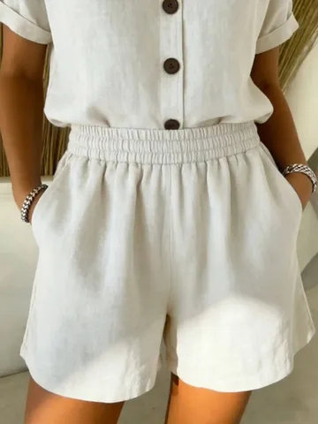 Women's Summer Casual Linen Blend Shorts Elastic Waist Solid Color Bottoms With Pockets Comfortable Loose Beach Shorts