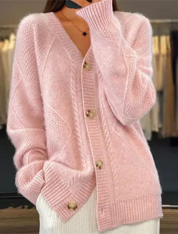Cárdigan de Punto para Mujer Cuello en V Manga Lunga Suéter Jacquard Trenzado Botonadura Simple Moda Cálido Suave Top Otoño Invierno
