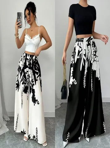 Pantaloni Donna Casual a Vita Alta a Gamba Larga Stampati Pantaloni Bohemien con Motivo Floreale Botanico Pantaloni da Spiaggia