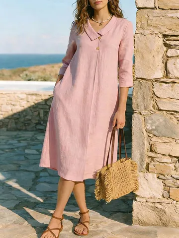 Women's Casual Linen Blend Midi Dress Vintage Lapel Single-Breasted Three-Quarter Sleeve A-Line Vacation Dress