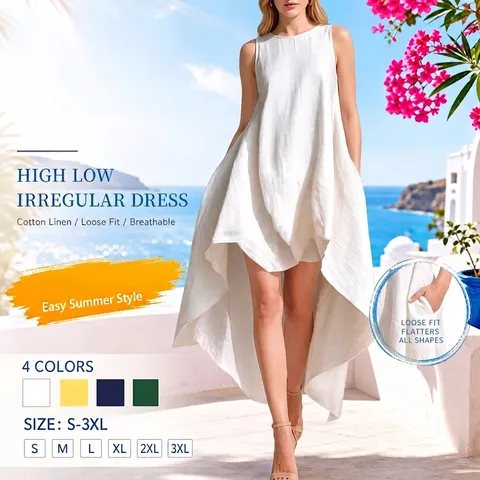 Abito Maxi da Donna Senza Maniche con Orlo Alto-Basso Vestibilità Comoda Casual Vacanza Tinta Unita Girocollo Abito Estivo Spiaggia