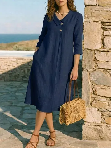 Vestito Midi da Donna Elegante Francese con Rever Tinta Unita Poliestere Elastan Vacanza Ampio Manica a Tre Quarti Monopetto