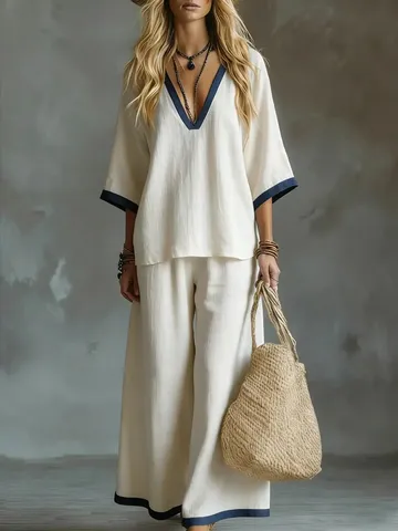 Completo Due Pezzi da Donna con Scollo a V Mezza Manica Top e Pantaloni a Gamba Larga Estate Casual Tinta Unita