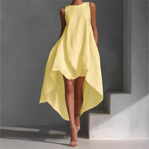 Abito Maxi da Donna Senza Maniche con Orlo Alto-Basso Vestibilità Comoda Casual Vacanza Tinta Unita Girocollo Abito Estivo Spiaggia