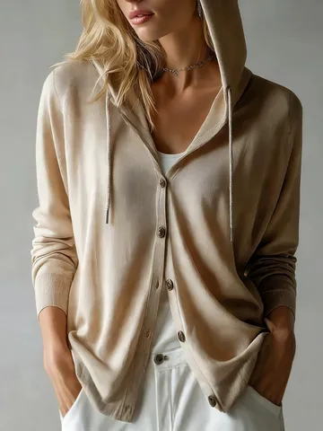 Cardigan Casual Da Donna Con Cappuccio Manica Lunga Bottoni Anteriori Top In Maglia Sottile Tinta Unita Felpa Con Coulisse Maglieria