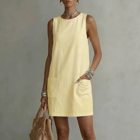 Abito da Donna Casual Bohemian Senza Maniche Girocollo Tinta Unita Ampio Abito Midi Con Tasche Laterali Moda Mare Estiva