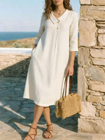 Vestito Midi da Donna Elegante Francese con Rever Tinta Unita Poliestere Elastan Vacanza Ampio Manica a Tre Quarti Monopetto