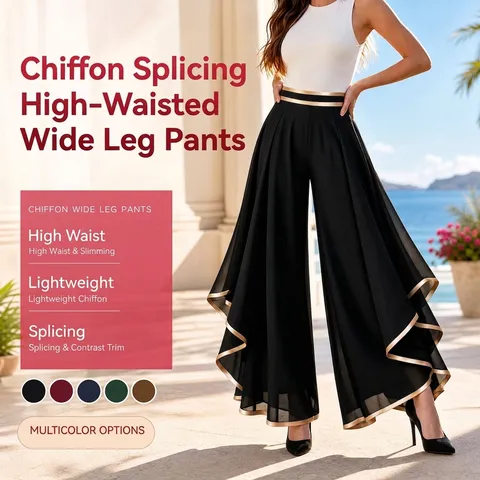 Women High Waisted Chiffon Wide Leg Pants Casual Contrast Piping Loose Palazzo Trousers Elegant Summer Beach Flowy Bottoms
