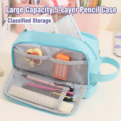 Large Capacity Canvas Pencil Case Multi Layer Dual Window Stationery Storage Bag Portable School Office Pouch Box Desk Organizer