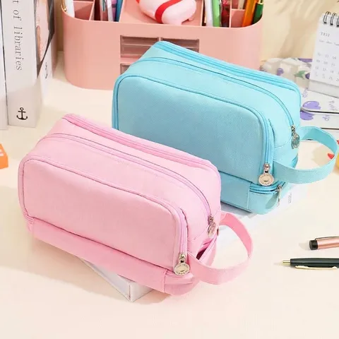 Large Capacity Canvas Pencil Case Multi Layer Dual Window Stationery Storage Bag Portable School Office Pouch Box Desk Organizer