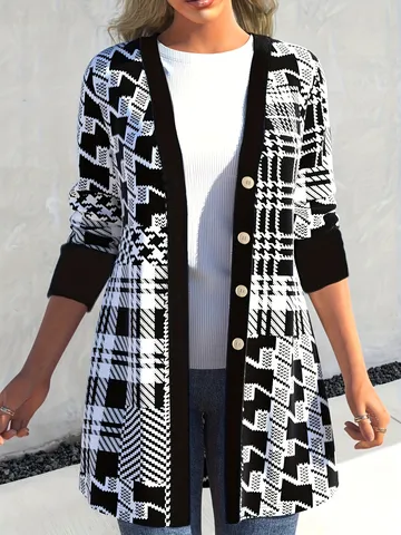 Giacca Cardigan Patchwork Casual da Donna Manica Lunga Stampa Pied de Poule Bottoni Frontali Top in Elastan