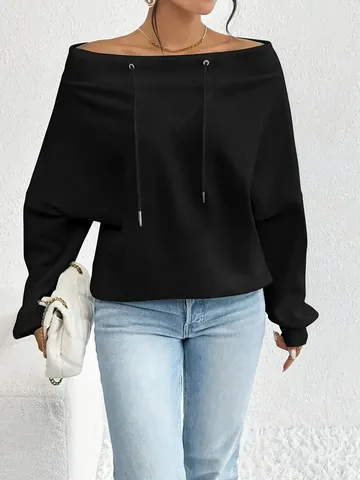 Felpa da Donna Monospalla Larga Casual Top con Spalle Scoperte Tinta Unita Coulisse Manica Lunga Pullover