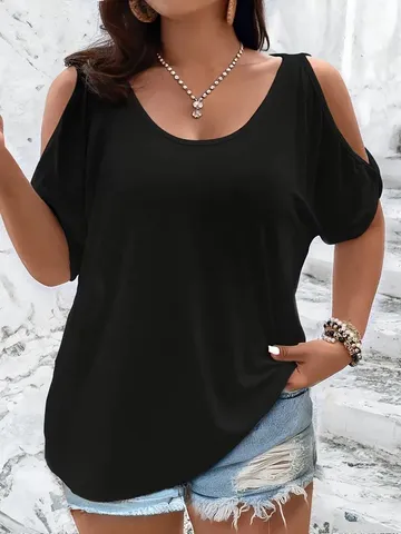Damen Übergröße Offene Schulter T-Shirt Elegant U-Ausschnitt Halbarm Locker Polyester Top Casual Sommer Einfarbig Basic Tee