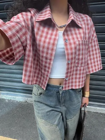 Camicia Cropped a Quadri da Donna in Poliestere Spandex Tinto in Filo Mezza Manica Top Revers Casual Western Streetwear