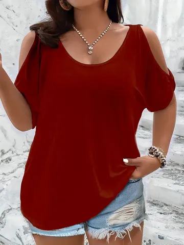 Damen Übergröße Offene Schulter T-Shirt Elegant U-Ausschnitt Halbarm Locker Polyester Top Casual Sommer Einfarbig Basic Tee