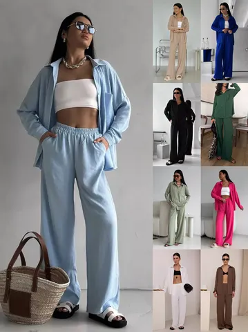 Completo Pantaloni Donna Casual Tinta Unita Camicia a Maniche Lunghe Con Bottoni e Tasche e Pantaloni a Gamba Larga Poliestere Top And Bottom Outfit