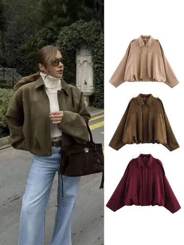 Giacca Bomber da Donna in Finta Pelle Scamosciata Oversize con Cerniera e Revers Giacca Utility Flight Outerwear Tinta Unita Cappotto a Maniche Lunghe