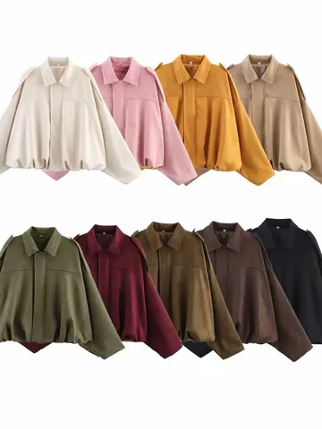 Giacca Bomber da Donna in Finta Pelle Scamosciata Oversize con Cerniera e Revers Giacca Utility Flight Outerwear Tinta Unita Cappotto a Maniche Lunghe