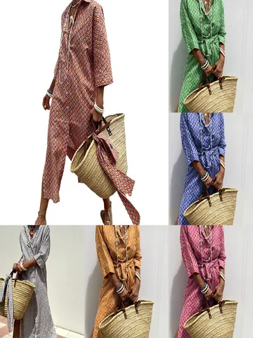 Abito da Donna a Camicia con Stampa Geometrica a Diamante Revers a Mezza Manica Monopetto Maxi Abito con Cintura Casual Estivo