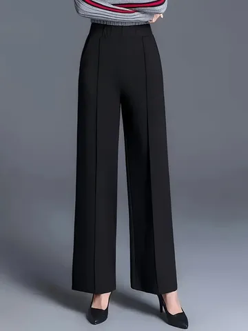 Pantaloni da Donna a Vita Alta a Gamba Larga Tinta Unita Allentati Casual Autunno Inverno Snellente Bottom Con Tasche