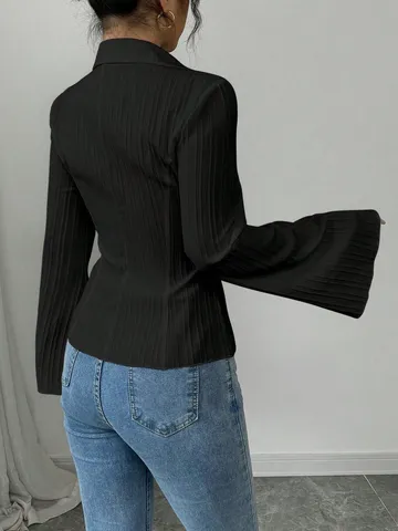 Camicia da Donna Elegante con Scollo a V Monopetto Maniche a Campana Texture Plissettata Tinta Unita in Poliestere