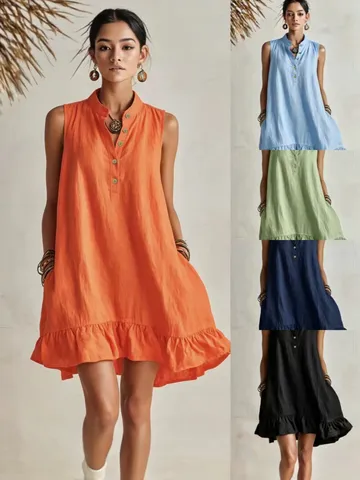 Women Casual Loose Polyester Dress Solid Color Stand Collar Sleeveless Ruffle Hem Button Ruffled Vacation Dresses For Women