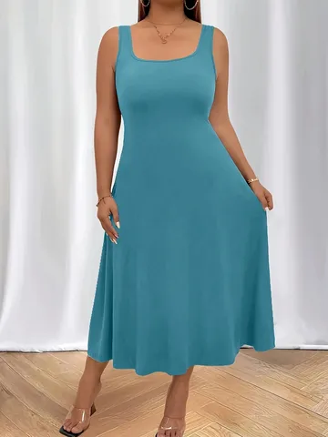 Vestito da Donna Taglie Forti Senza Maniche Scollo a U Tinta Unita Sexy Casual Linea ad A Maxi Abito Estate Patchwork Schiena Scoperta