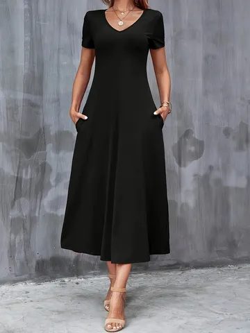 Abito Maxi Da Donna Taglie Forti Estivo Scollo A V Manica Corta In Poliestere Lavorato A Maglia Tinta Unita Con Tasche Laterali Vita Alta