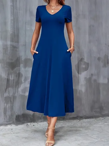 Abito Maxi Da Donna Taglie Forti Estivo Scollo A V Manica Corta In Poliestere Lavorato A Maglia Tinta Unita Con Tasche Laterali Vita Alta