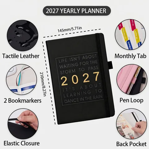 Agenda Hebdomadaire Anglais A5 2027 Carnet en Cuir PU Couverture Rigide Onglets Mensuels Journal de Calendrier Quotidien Pour Bureau École