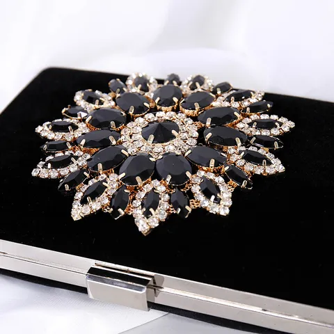 Vintage Elegant Satin Rhinestone Sunflower Evening Clutch Bag Luxury Metal Frame Hard Square Handbag For Wedding Banquet Party Women