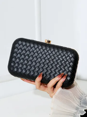 Pochette De Soirée Pour Femmes En PU Tressé Avec Fermoir En Strass Et Cadre Métallique Sac À Main Élégant Pour Fête Et Mariage