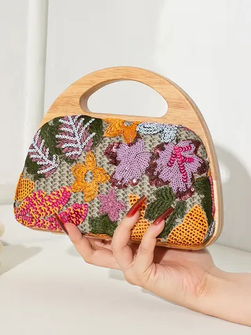 Bolso de Noche para Mujer Con Asa de Madera Maciza Paja Tejida Bordado Lentejuelas Empalme de Malla Estilo Étnico Bolso de Bandoliera
