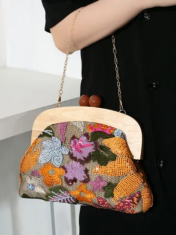 Handmade Straw Evening Bag Floral Embroidered Sequin Wood Handle Clutch Handbag With Metal Chain For Women Party Banquet Bag