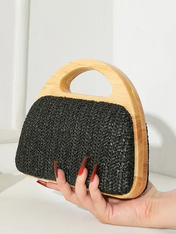 Damen Vintage Strohgeflecht Abendtasche Holzgriff Harte Box Clutch Hochzeit Party Urlaub Umhängetasche Kette Geldbörse