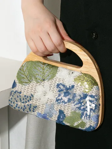 Bolso de Noche para Mujer Con Asa de Madera Maciza Paja Tejida Bordado Lentejuelas Empalme de Malla Estilo Étnico Bolso de Bandoliera