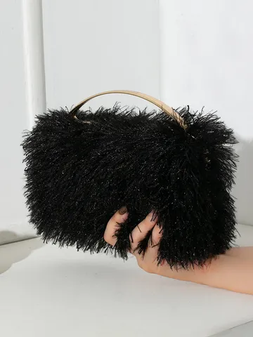 Damen Mode Plüsch Abendtasche Elegante Quaste Box Handtasche Party Hochzeit Clutch Bag Mit Goldenem Metallgriff Umhängetasche