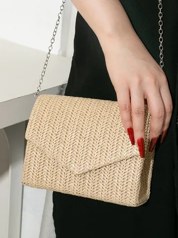 Einfarbig Gewebt Stroh Abendtasche Für Damen Minimalistisch Fischgrätenmuster Umschlag Clutch Mode Kette Umhängetasche Eckige Tasche
