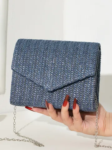 Einfarbig Gewebt Stroh Abendtasche Für Damen Minimalistisch Fischgrätenmuster Umschlag Clutch Mode Kette Umhängetasche Eckige Tasche