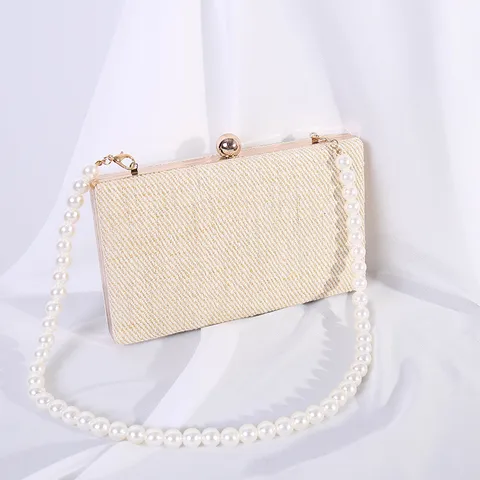 Elegante Tweed Linnen Avondtas Voor Dames Kunstparel Ketting Schoudertas Umhängetas Luxe Sluiting Huwelijk Feest Portemonnee
