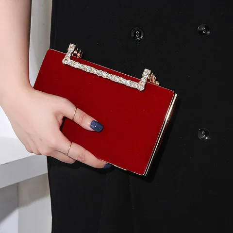 Mode Damen Samt Abendtasche Strass Griff Formelle Party Hochzeit Clutch Handtasche Goldkette Umhängetasche Quadratische Box