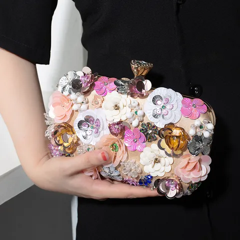 Bolso de Noche Floral con Abalorios Hechos a Mano Mujer Retro Strass Bolso de Mano Lentejuelas Flores 3D Banquete Boda