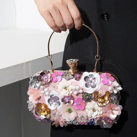 Bolso de Noche Floral con Abalorios Hechos a Mano Mujer Retro Strass Bolso de Mano Lentejuelas Flores 3D Banquete Boda