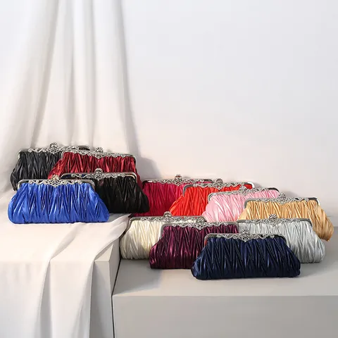 Vintage Gefaltete Satin Abendkupplung Tasche Für Damen Strass Verschluss Braut Hochzeit Handtasche Party Kette Geldbörse
