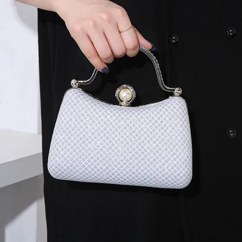 Damen Luxus Gitter Strass Abendtasche Künstliche Perle Verschluss Elegante Party Hochzeit Handtasche Legierung Griff PU Clutch