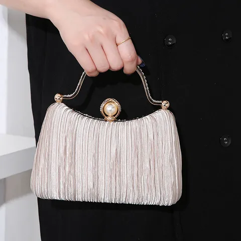 Elegante Plissierte Abendtasche Für Damen Strass Metallgriff Perlenverschluss Formelle Party Hochzeit Box Handtasche